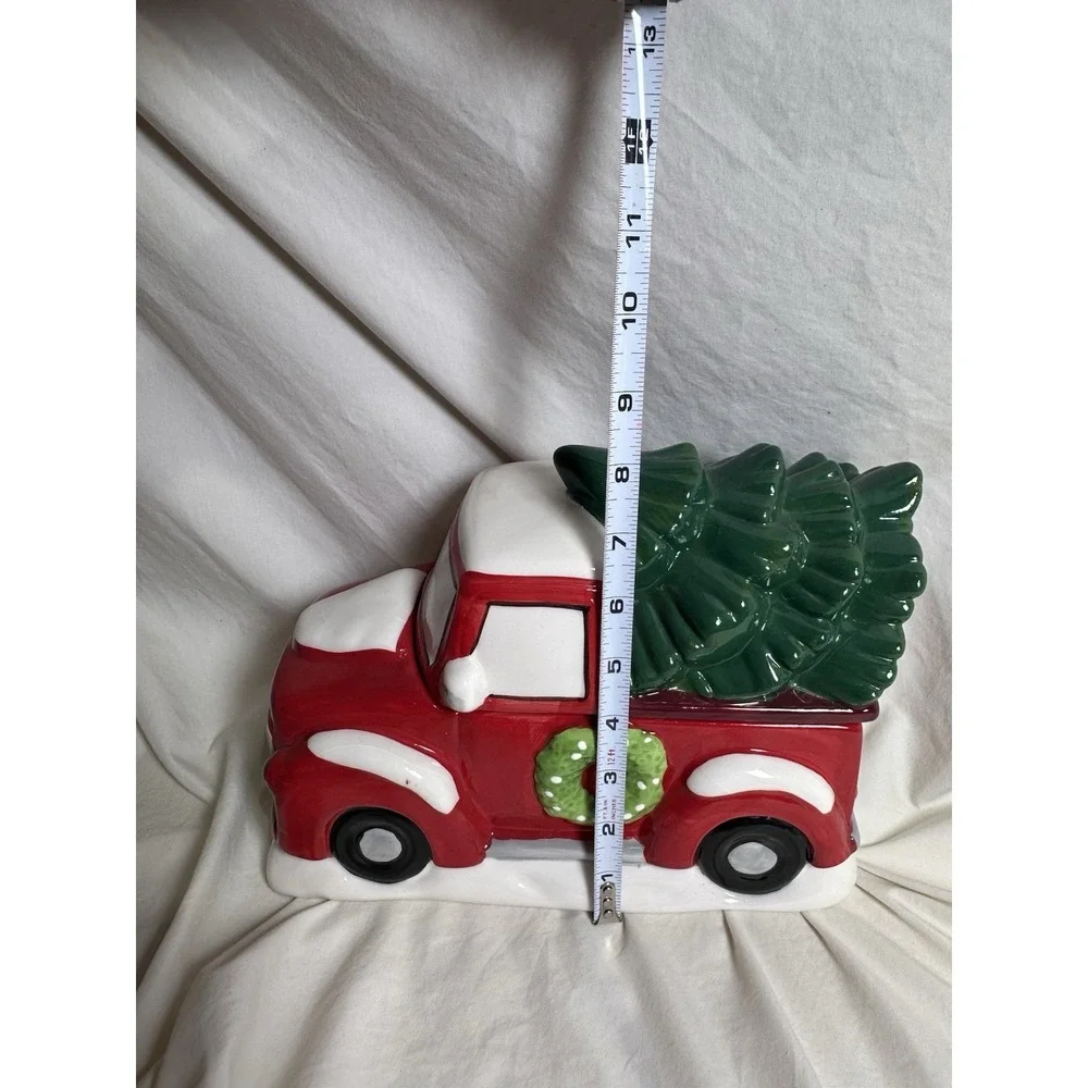 Christmas Red Truck Cookie Jar Canister w Tree Ceramic Holiday‎ Decor